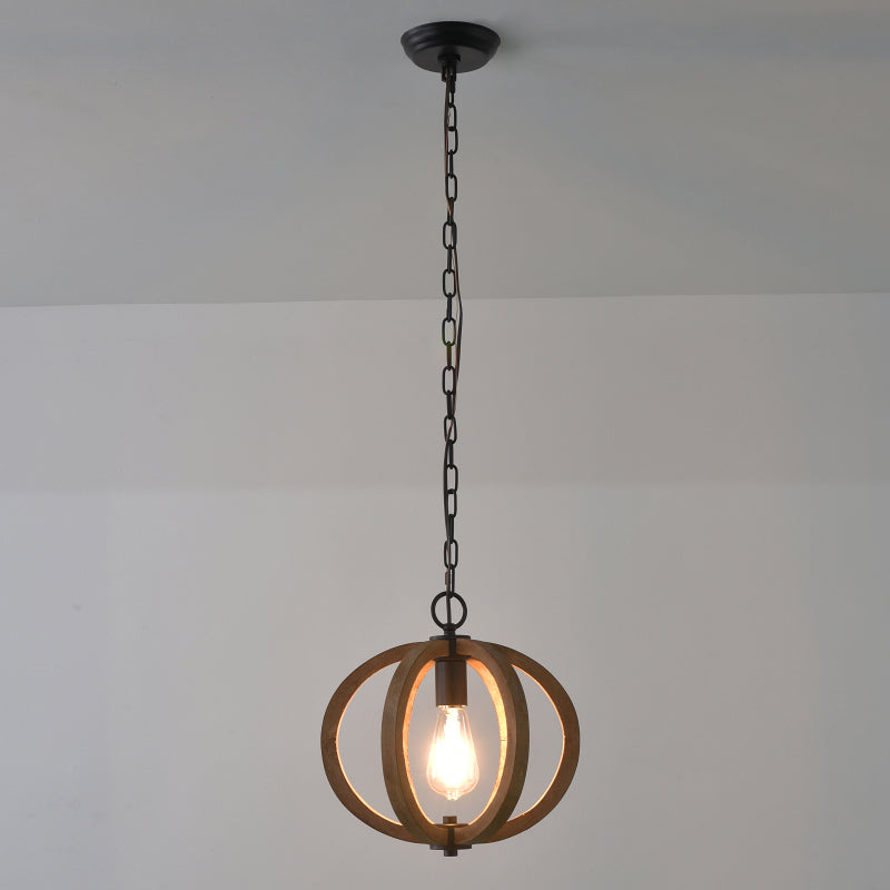 Caged Distressed Wood Hanging Pendant Light Country 1 Head Dining Room Suspension Lighting Clearhalo 'Ceiling Lights' 'Pendant Lights' 'Pendants' Lighting' 2016224