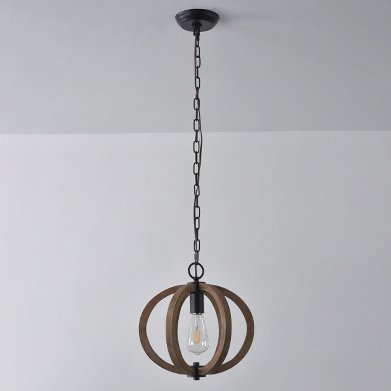 Caged Distressed Wood Hanging Pendant Light Country 1 Head Dining Room Suspension Lighting Clearhalo 'Ceiling Lights' 'Pendant Lights' 'Pendants' Lighting' 2016225