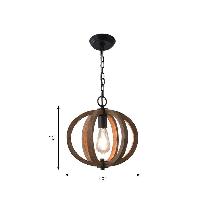 Caged Distressed Wood Hanging Pendant Light Country 1 Head Dining Room Suspension Lighting Clearhalo 'Ceiling Lights' 'Pendant Lights' 'Pendants' Lighting' 2016227