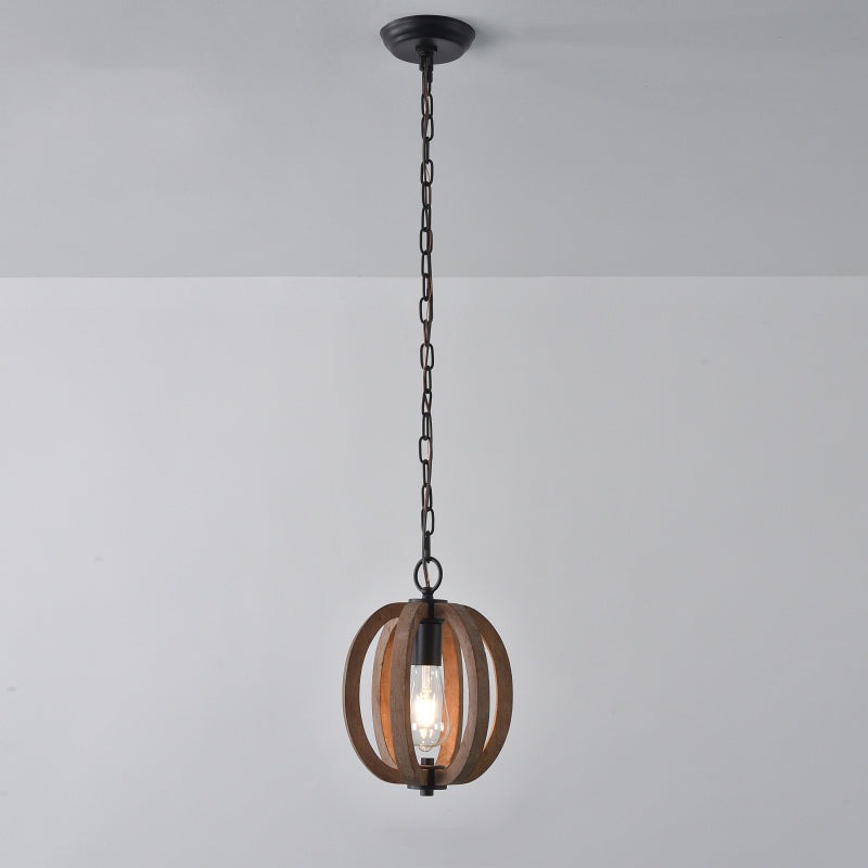 Caged Distressed Wood Hanging Pendant Light Country 1 Head Dining Room Suspension Lighting Clearhalo 'Ceiling Lights' 'Pendant Lights' 'Pendants' Lighting' 2016228