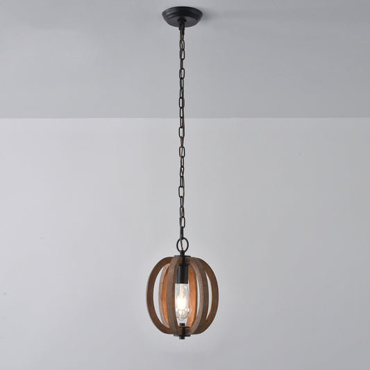 Caged Distressed Wood Hanging Pendant Light Country 1 Head Dining Room Suspension Lighting Clearhalo 'Ceiling Lights' 'Pendant Lights' 'Pendants' Lighting' 2016228