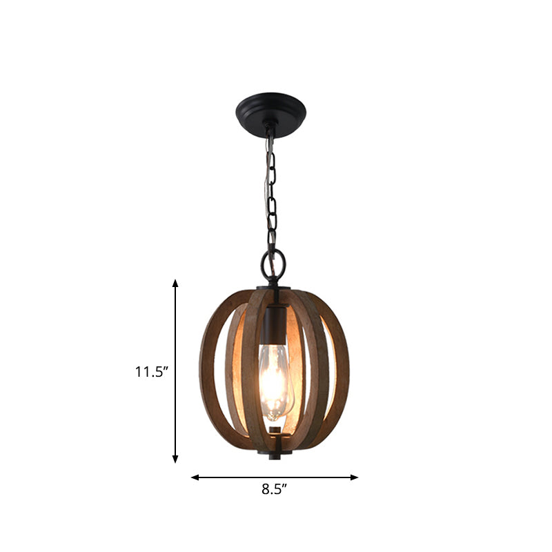 Caged Distressed Wood Hanging Pendant Light Country 1 Head Dining Room Suspension Lighting Clearhalo 'Ceiling Lights' 'Pendant Lights' 'Pendants' Lighting' 2016230