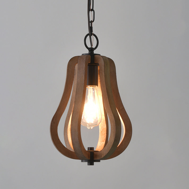 Caged Distressed Wood Hanging Pendant Light Country 1 Head Dining Room Suspension Lighting Clearhalo 'Ceiling Lights' 'Pendant Lights' 'Pendants' Lighting' 2016232