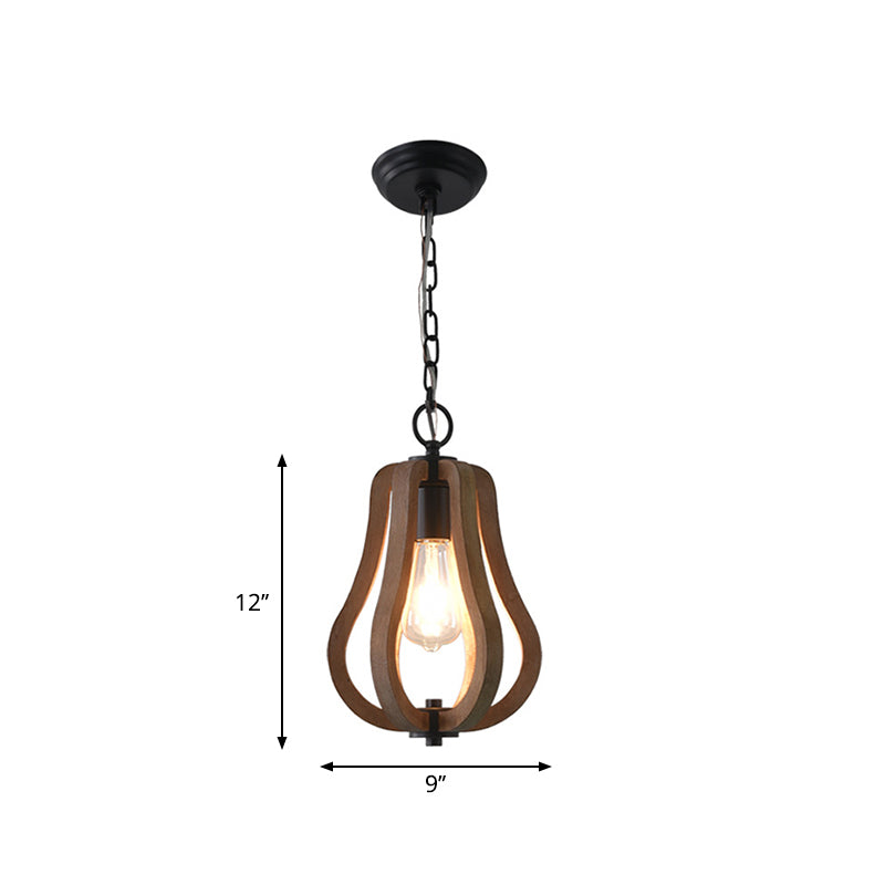 Caged Distressed Wood Hanging Pendant Light Country 1 Head Dining Room Suspension Lighting Clearhalo 'Ceiling Lights' 'Pendant Lights' 'Pendants' Lighting' 2016234