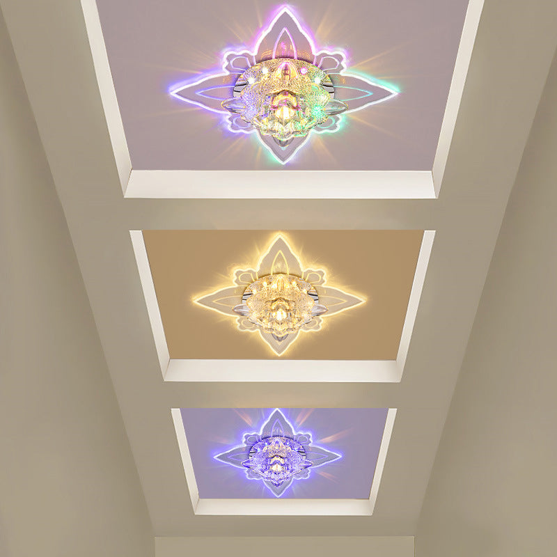 LED Foyer Ceiling Flush Contemporary Flush Light Fixture with Flower Clear Faceted Crystal Shade Clearhalo 'Ceiling Lights' 'Close To Ceiling Lights' 'Close to ceiling' 'Flush mount' Lighting' 2016307