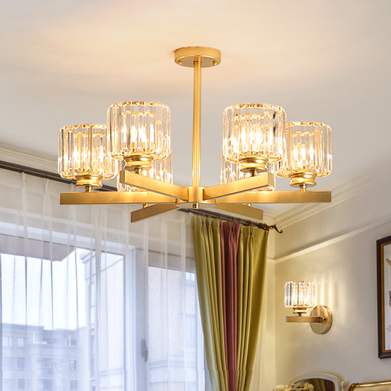 Gold 3/6/10 Heads Pendant Lighting Modern Cylindrical Crystal Radial Chandelier Light Clearhalo 'Ceiling Lights' 'Chandeliers' 'Modern Chandeliers' 'Modern' Lighting' 2017299