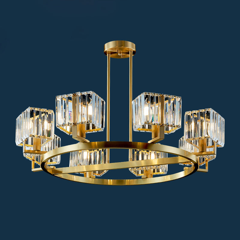 4/8/10-Bulb Crystal Rectangle Pendant Lamp Postmodern Gold Circular Dining Room Chandelier 8 Gold Clearhalo 'Ceiling Lights' 'Chandeliers' 'Modern Chandeliers' 'Modern' Lighting' 2017338