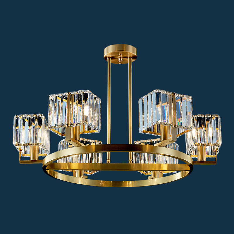 4/8/10-Bulb Crystal Rectangle Pendant Lamp Postmodern Gold Circular Dining Room Chandelier 6 Gold Clearhalo 'Ceiling Lights' 'Chandeliers' 'Modern Chandeliers' 'Modern' Lighting' 2017343