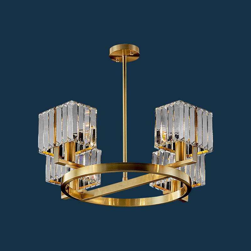 4/8/10-Bulb Crystal Rectangle Pendant Lamp Postmodern Gold Circular Dining Room Chandelier 4 Gold Clearhalo 'Ceiling Lights' 'Chandeliers' 'Modern Chandeliers' 'Modern' Lighting' 2017346