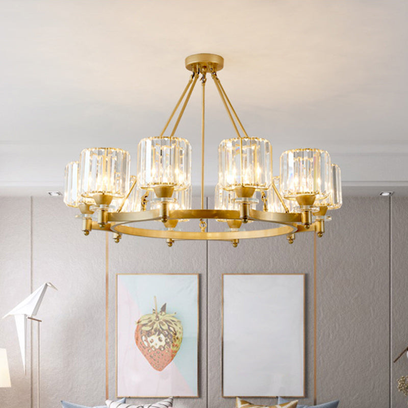 Prismatic Crystal Cylinder Chandelier Contemporary 3/6/8-Head Dining Room Ceiling Suspension Lamp in Black/Gold Clearhalo 'Ceiling Lights' 'Chandeliers' 'Modern Chandeliers' 'Modern' Lighting' 2017349