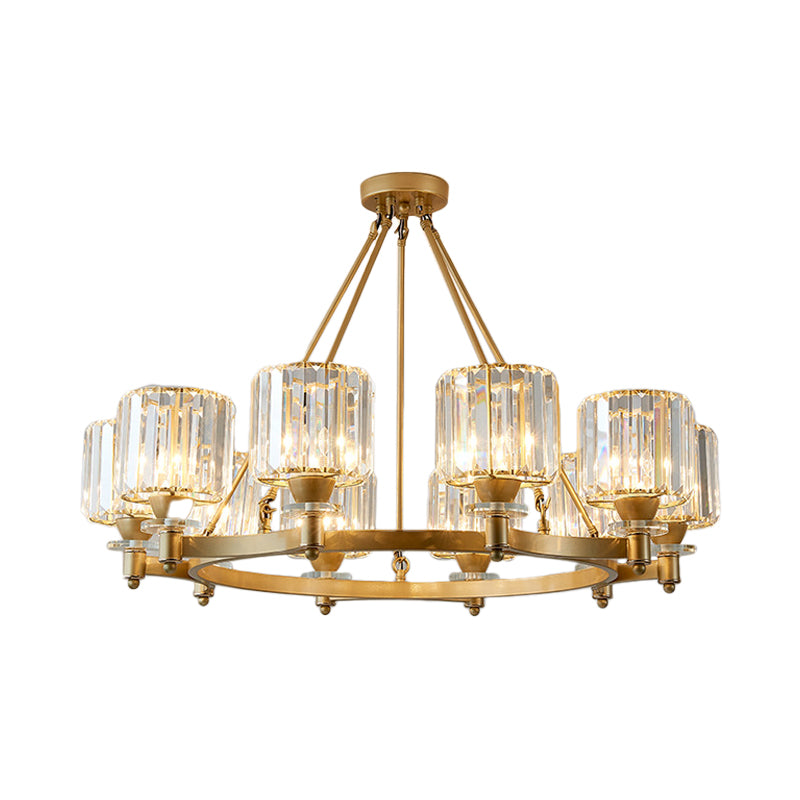 Prismatic Crystal Cylinder Chandelier Contemporary 3/6/8-Head Dining Room Ceiling Suspension Lamp in Black/Gold 10 Gold Clearhalo 'Ceiling Lights' 'Chandeliers' 'Modern Chandeliers' 'Modern' Lighting' 2017350