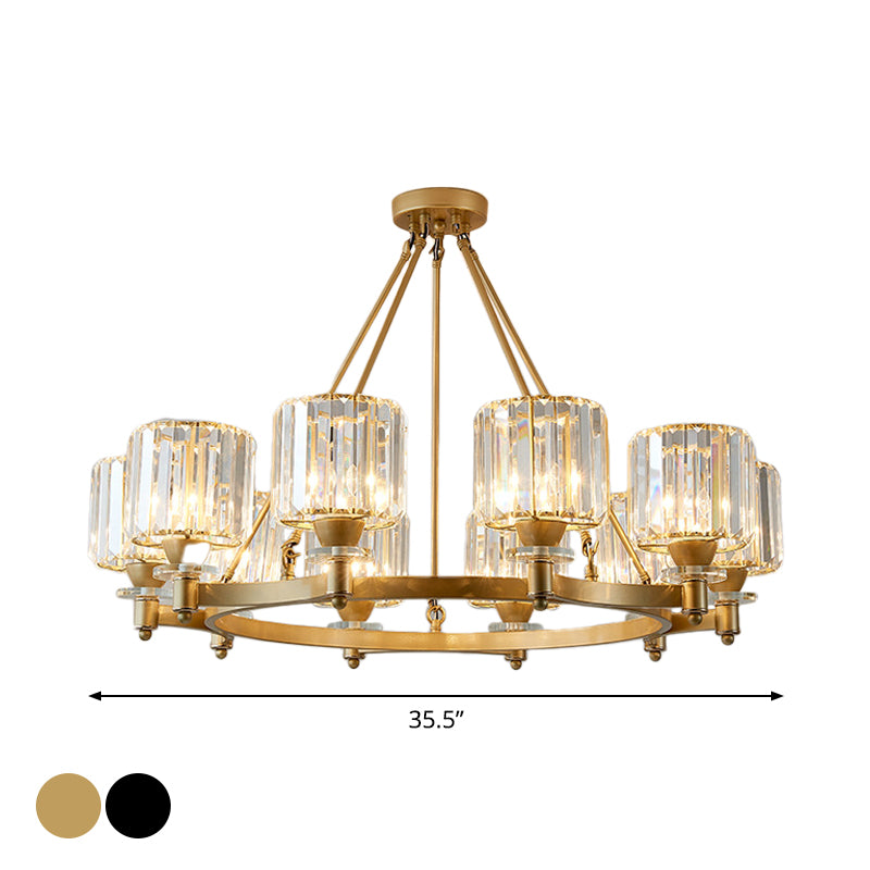 Prismatic Crystal Cylinder Chandelier Contemporary 3/6/8-Head Dining Room Ceiling Suspension Lamp in Black/Gold Clearhalo 'Ceiling Lights' 'Chandeliers' 'Modern Chandeliers' 'Modern' Lighting' 2017352