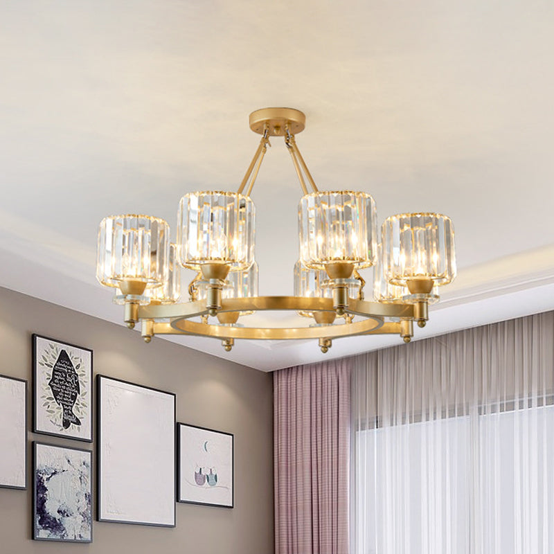 Prismatic Crystal Cylinder Chandelier Contemporary 3/6/8-Head Dining Room Ceiling Suspension Lamp in Black/Gold Clearhalo 'Ceiling Lights' 'Chandeliers' 'Modern Chandeliers' 'Modern' Lighting' 2017354