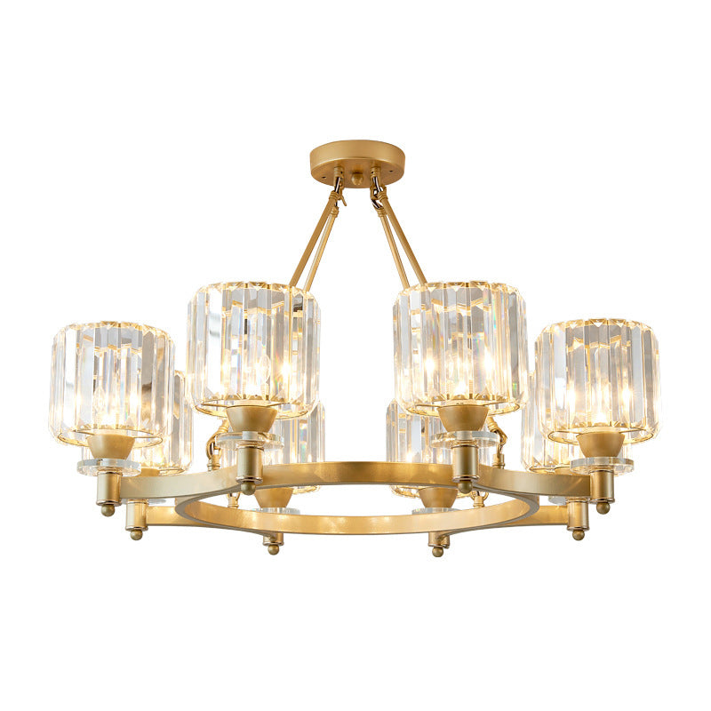 Prismatic Crystal Cylinder Chandelier Contemporary 3/6/8-Head Dining Room Ceiling Suspension Lamp in Black/Gold 8 Gold Clearhalo 'Ceiling Lights' 'Chandeliers' 'Modern Chandeliers' 'Modern' Lighting' 2017356