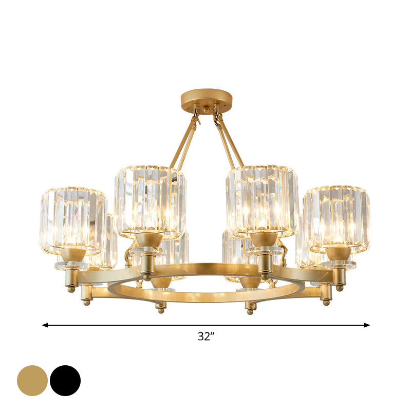 Prismatic Crystal Cylinder Chandelier Contemporary 3/6/8-Head Dining Room Ceiling Suspension Lamp in Black/Gold Clearhalo 'Ceiling Lights' 'Chandeliers' 'Modern Chandeliers' 'Modern' Lighting' 2017357