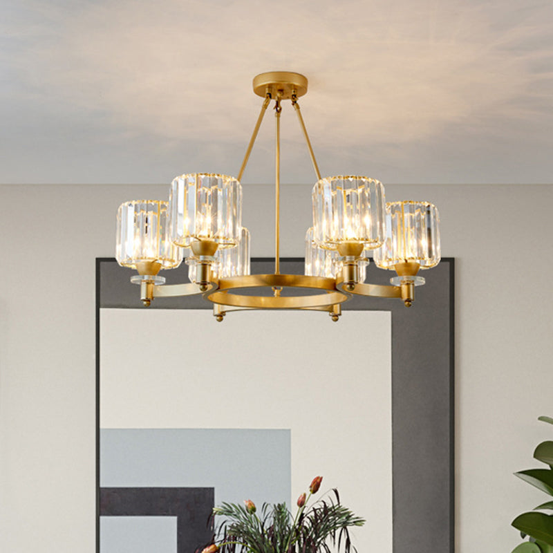 Prismatic Crystal Cylinder Chandelier Contemporary 3/6/8-Head Dining Room Ceiling Suspension Lamp in Black/Gold Clearhalo 'Ceiling Lights' 'Chandeliers' 'Modern Chandeliers' 'Modern' Lighting' 2017358