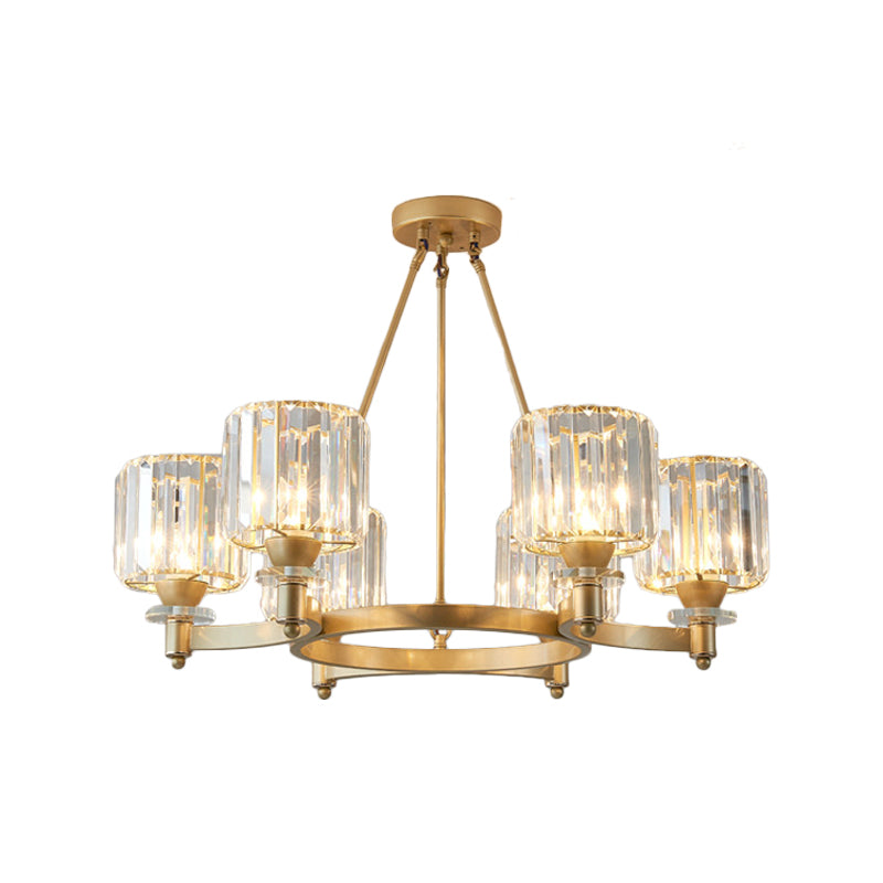Prismatic Crystal Cylinder Chandelier Contemporary 3/6/8-Head Dining Room Ceiling Suspension Lamp in Black/Gold 6 Gold Clearhalo 'Ceiling Lights' 'Chandeliers' 'Modern Chandeliers' 'Modern' Lighting' 2017359