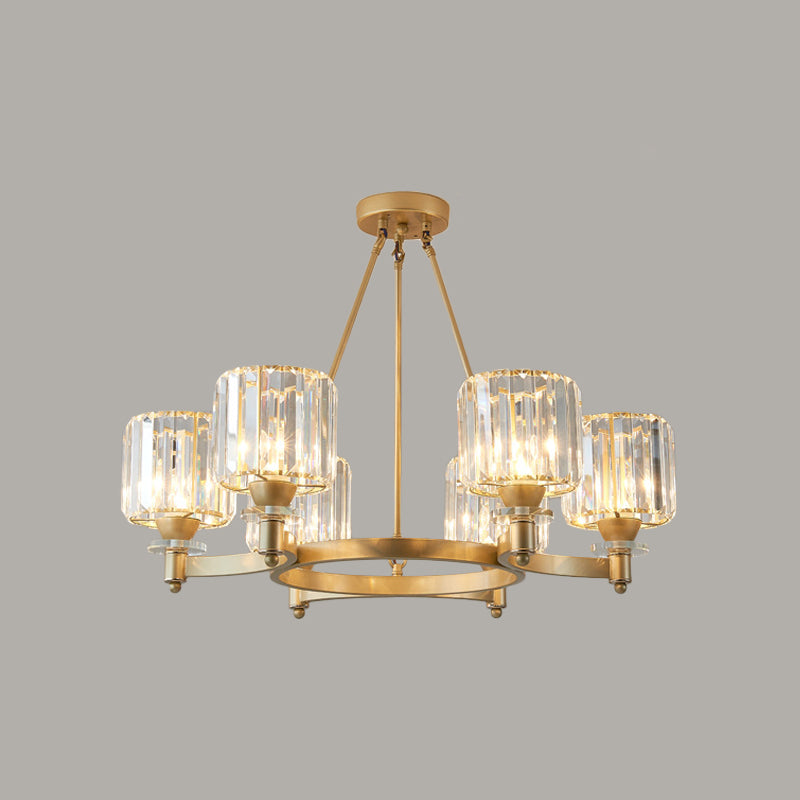 Prismatic Crystal Cylinder Chandelier Contemporary 3/6/8-Head Dining Room Ceiling Suspension Lamp in Black/Gold Clearhalo 'Ceiling Lights' 'Chandeliers' 'Modern Chandeliers' 'Modern' Lighting' 2017360