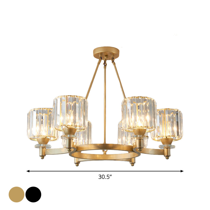 Prismatic Crystal Cylinder Chandelier Contemporary 3/6/8-Head Dining Room Ceiling Suspension Lamp in Black/Gold Clearhalo 'Ceiling Lights' 'Chandeliers' 'Modern Chandeliers' 'Modern' Lighting' 2017361