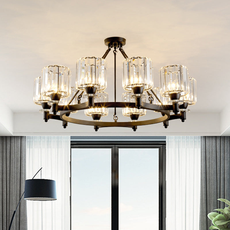 Prismatic Crystal Cylinder Chandelier Contemporary 3/6/8-Head Dining Room Ceiling Suspension Lamp in Black/Gold Clearhalo 'Ceiling Lights' 'Chandeliers' 'Modern Chandeliers' 'Modern' Lighting' 2017365