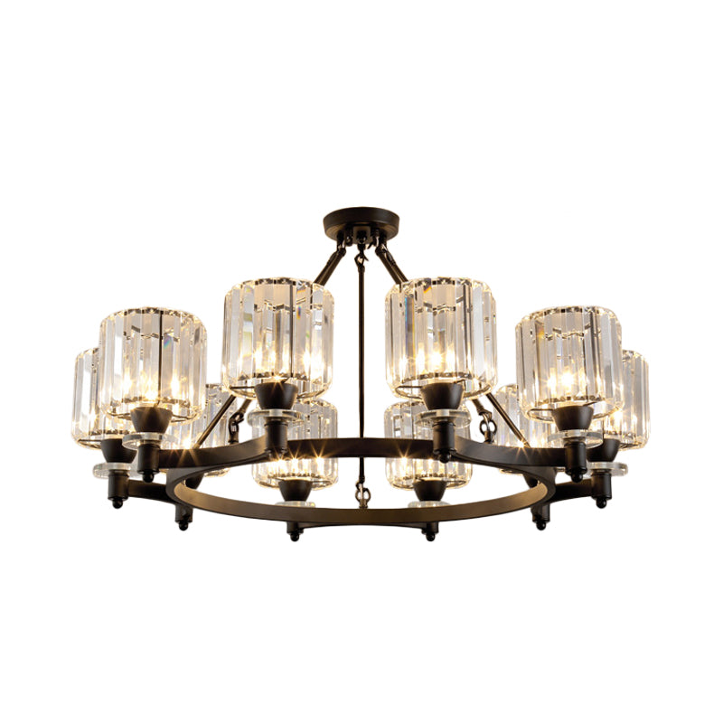 Prismatic Crystal Cylinder Chandelier Contemporary 3/6/8-Head Dining Room Ceiling Suspension Lamp in Black/Gold 10 Black Clearhalo 'Ceiling Lights' 'Chandeliers' 'Modern Chandeliers' 'Modern' Lighting' 2017367
