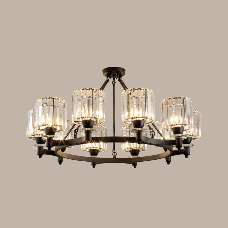 Prismatic Crystal Cylinder Chandelier Contemporary 3/6/8-Head Dining Room Ceiling Suspension Lamp in Black/Gold Clearhalo 'Ceiling Lights' 'Chandeliers' 'Modern Chandeliers' 'Modern' Lighting' 2017368