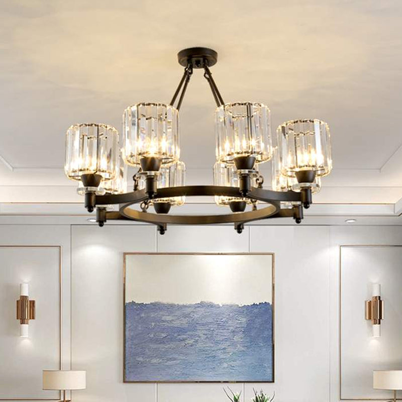 Prismatic Crystal Cylinder Chandelier Contemporary 3/6/8-Head Dining Room Ceiling Suspension Lamp in Black/Gold Clearhalo 'Ceiling Lights' 'Chandeliers' 'Modern Chandeliers' 'Modern' Lighting' 2017369