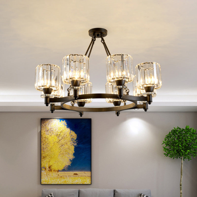 Prismatic Crystal Cylinder Chandelier Contemporary 3/6/8-Head Dining Room Ceiling Suspension Lamp in Black/Gold Clearhalo 'Ceiling Lights' 'Chandeliers' 'Modern Chandeliers' 'Modern' Lighting' 2017370