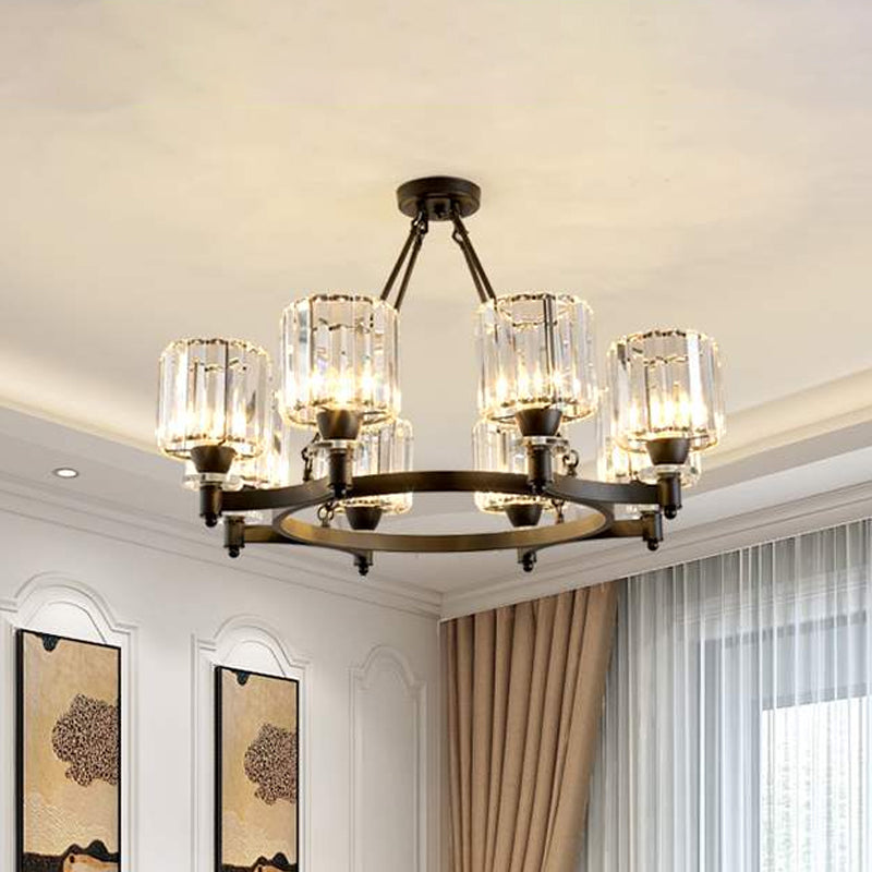 Prismatic Crystal Cylinder Chandelier Contemporary 3/6/8-Head Dining Room Ceiling Suspension Lamp in Black/Gold Clearhalo 'Ceiling Lights' 'Chandeliers' 'Modern Chandeliers' 'Modern' Lighting' 2017371