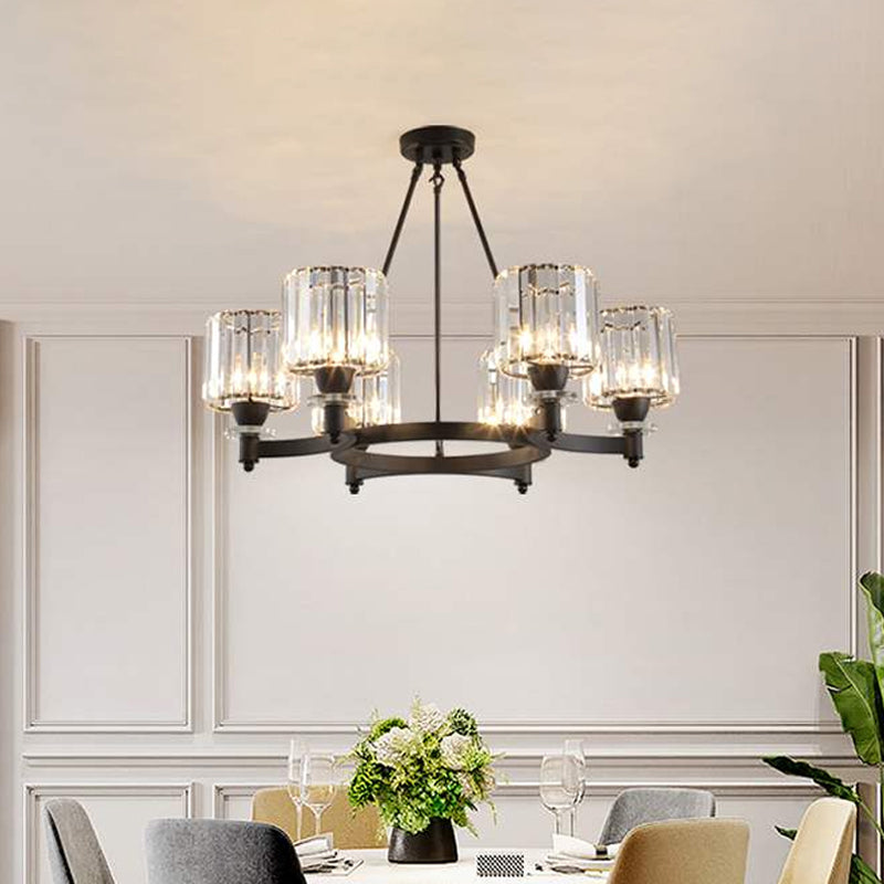 Prismatic Crystal Cylinder Chandelier Contemporary 3/6/8-Head Dining Room Ceiling Suspension Lamp in Black/Gold Clearhalo 'Ceiling Lights' 'Chandeliers' 'Modern Chandeliers' 'Modern' Lighting' 2017373