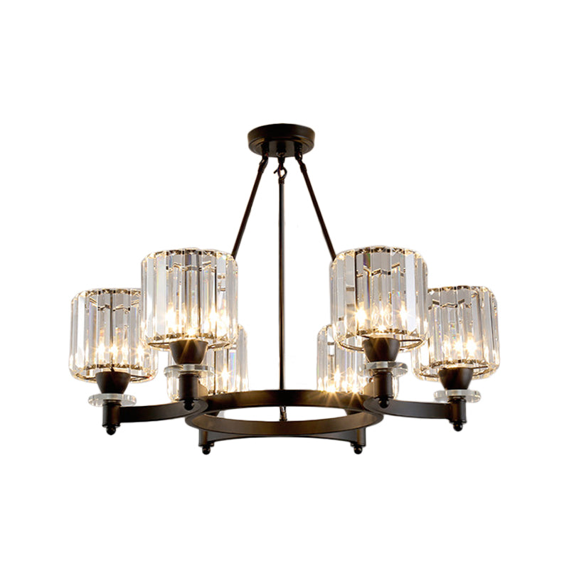 Prismatic Crystal Cylinder Chandelier Contemporary 3/6/8-Head Dining Room Ceiling Suspension Lamp in Black/Gold 6 Black Clearhalo 'Ceiling Lights' 'Chandeliers' 'Modern Chandeliers' 'Modern' Lighting' 2017374
