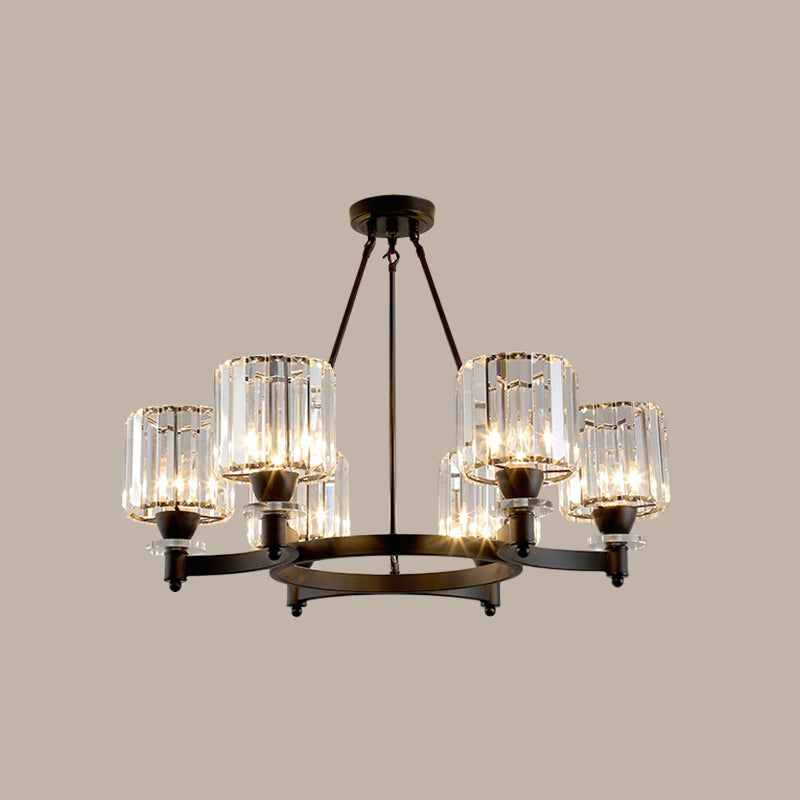 Prismatic Crystal Cylinder Chandelier Contemporary 3/6/8-Head Dining Room Ceiling Suspension Lamp in Black/Gold Clearhalo 'Ceiling Lights' 'Chandeliers' 'Modern Chandeliers' 'Modern' Lighting' 2017375