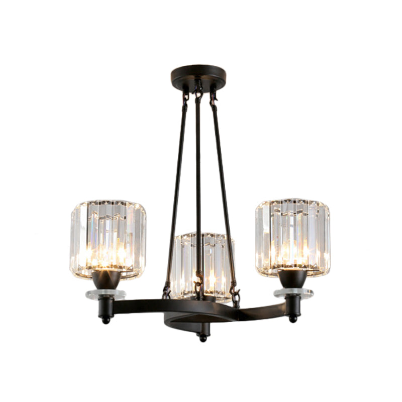 Prismatic Crystal Cylinder Chandelier Contemporary 3/6/8-Head Dining Room Ceiling Suspension Lamp in Black/Gold 3 Black Clearhalo 'Ceiling Lights' 'Chandeliers' 'Modern Chandeliers' 'Modern' Lighting' 2017376