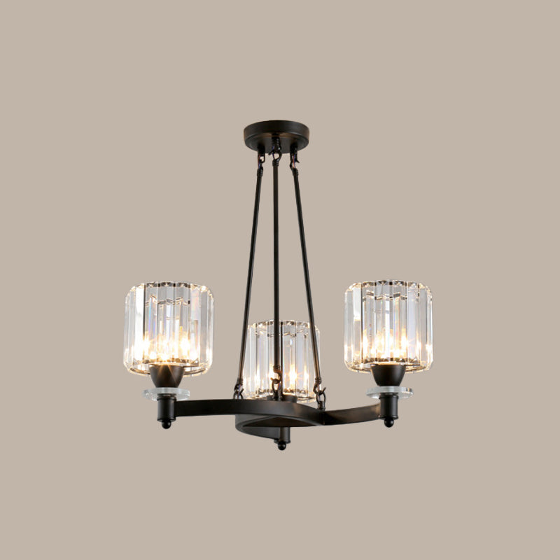Prismatic Crystal Cylinder Chandelier Contemporary 3/6/8-Head Dining Room Ceiling Suspension Lamp in Black/Gold Clearhalo 'Ceiling Lights' 'Chandeliers' 'Modern Chandeliers' 'Modern' Lighting' 2017377