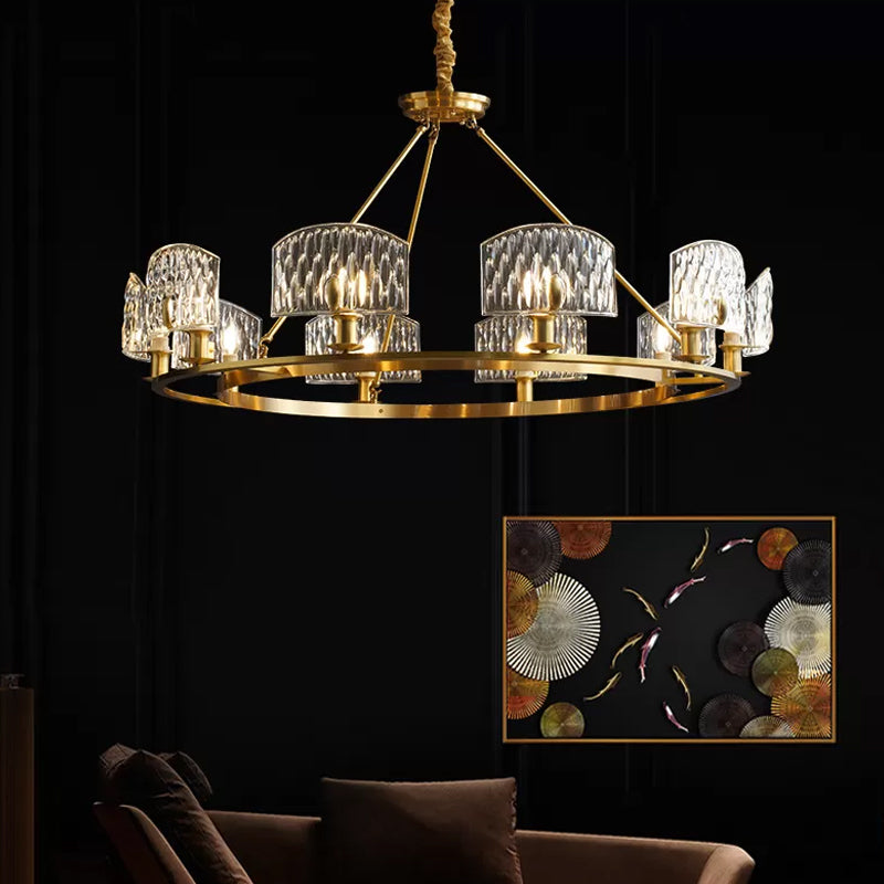 Textured Glass Circle Pendant Light Mid-Century 6/8/10 Lights Living Room Chandelier Lighting in Gold Clearhalo 'Ceiling Lights' 'Chandeliers' 'Modern Chandeliers' 'Modern' Lighting' 2017378