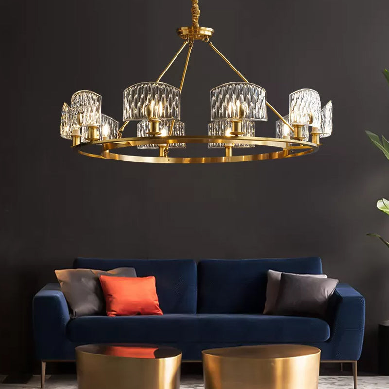 Textured Glass Circle Pendant Light Mid-Century 6/8/10 Lights Living Room Chandelier Lighting in Gold Clearhalo 'Ceiling Lights' 'Chandeliers' 'Modern Chandeliers' 'Modern' Lighting' 2017379