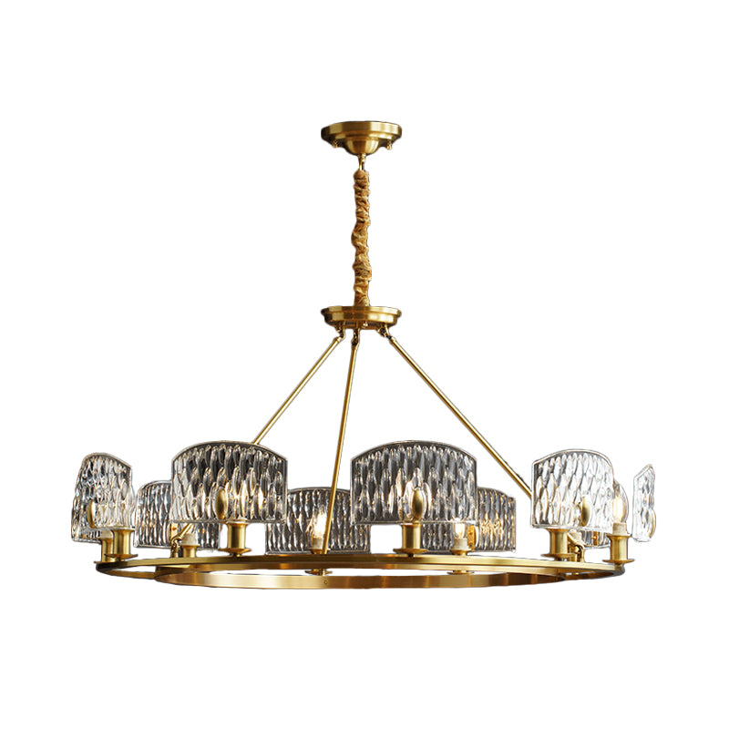 Textured Glass Circle Pendant Light Mid-Century 6/8/10 Lights Living Room Chandelier Lighting in Gold 10 Gold Clearhalo 'Ceiling Lights' 'Chandeliers' 'Modern Chandeliers' 'Modern' Lighting' 2017380