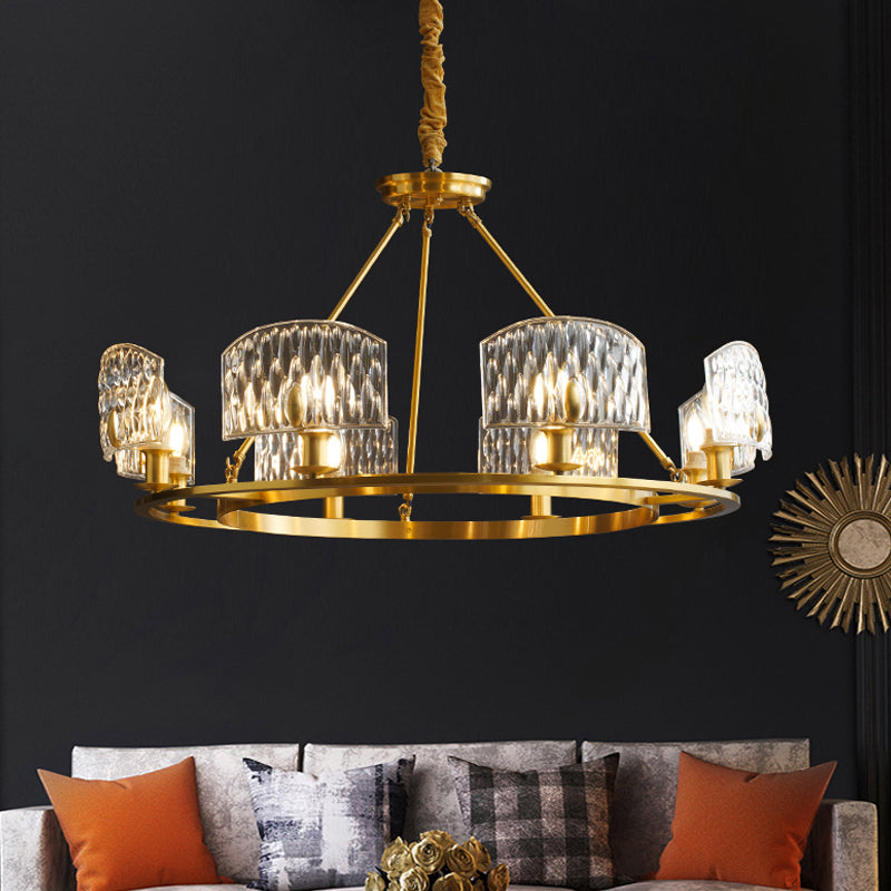 Textured Glass Circle Pendant Light Mid-Century 6/8/10 Lights Living Room Chandelier Lighting in Gold Clearhalo 'Ceiling Lights' 'Chandeliers' 'Modern Chandeliers' 'Modern' Lighting' 2017383
