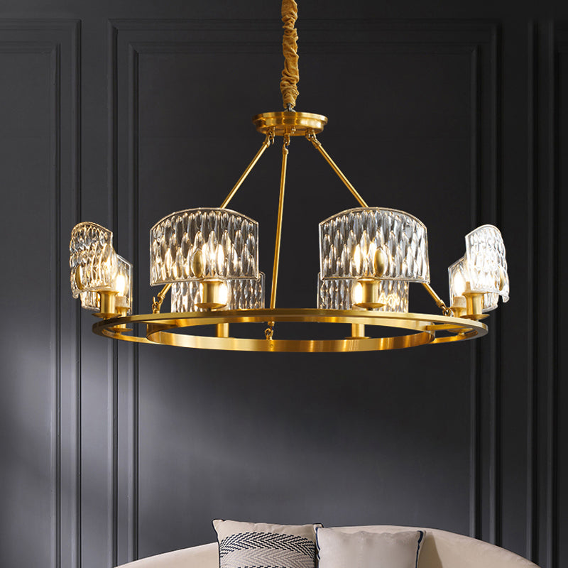 Textured Glass Circle Pendant Light Mid-Century 6/8/10 Lights Living Room Chandelier Lighting in Gold Clearhalo 'Ceiling Lights' 'Chandeliers' 'Modern Chandeliers' 'Modern' Lighting' 2017384