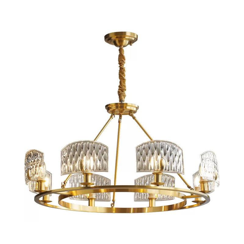 Textured Glass Circle Pendant Light Mid-Century 6/8/10 Lights Living Room Chandelier Lighting in Gold 8 Gold Clearhalo 'Ceiling Lights' 'Chandeliers' 'Modern Chandeliers' 'Modern' Lighting' 2017386