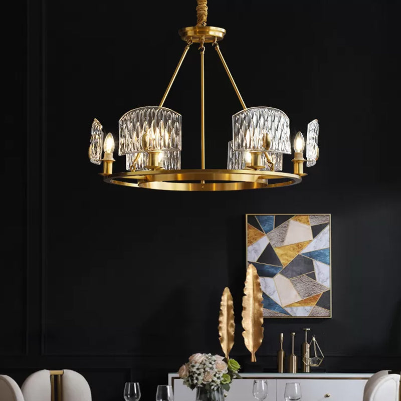 Textured Glass Circle Pendant Light Mid-Century 6/8/10 Lights Living Room Chandelier Lighting in Gold Clearhalo 'Ceiling Lights' 'Chandeliers' 'Modern Chandeliers' 'Modern' Lighting' 2017388