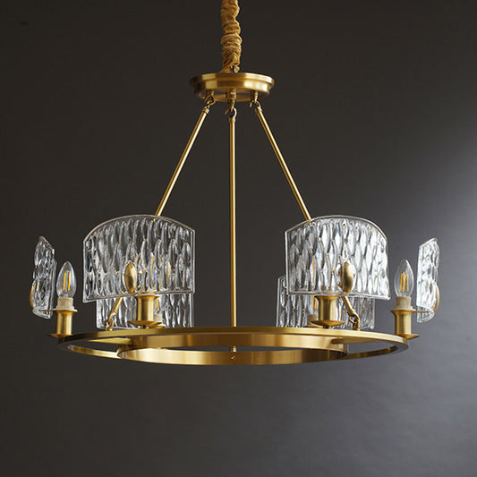 Textured Glass Circle Pendant Light Mid-Century 6/8/10 Lights Living Room Chandelier Lighting in Gold Clearhalo 'Ceiling Lights' 'Chandeliers' 'Modern Chandeliers' 'Modern' Lighting' 2017390