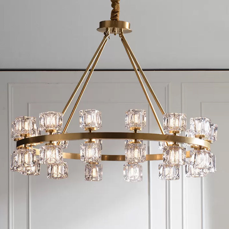 Circle Dining Room Ceiling Pendant Postmodern Crystal Cube 6/12/28 Lights Gold Chandelier Clearhalo 'Ceiling Lights' 'Chandeliers' 'Modern Chandeliers' 'Modern' Lighting' 2017392