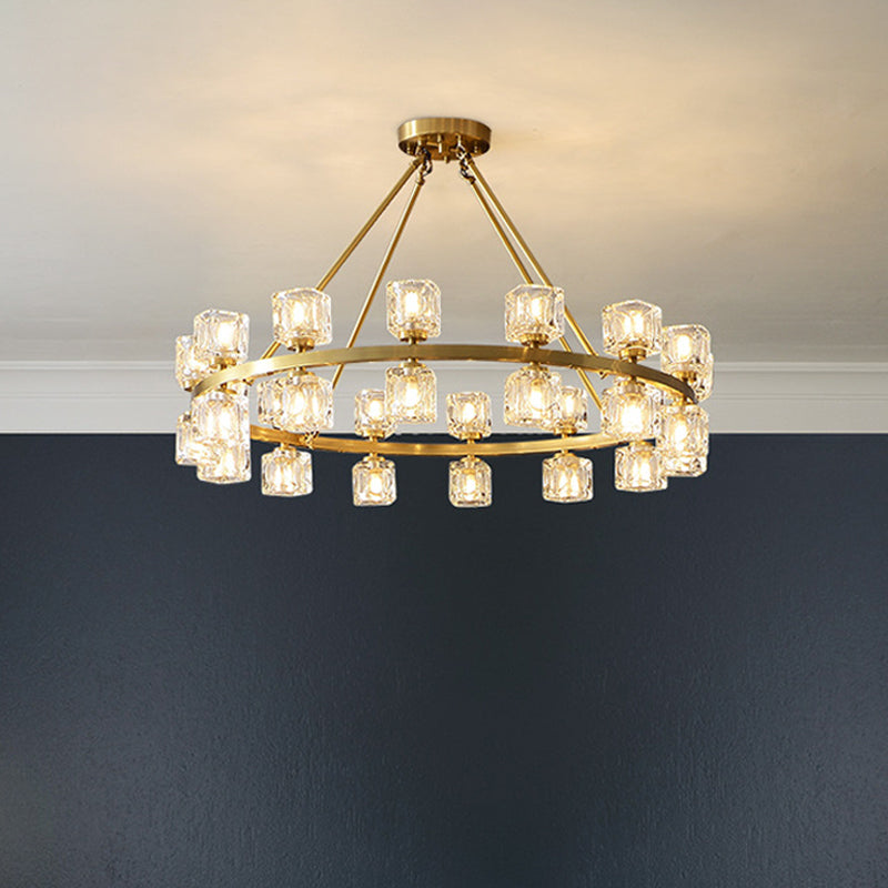 Circle Dining Room Ceiling Pendant Postmodern Crystal Cube 6/12/28 Lights Gold Chandelier Clearhalo 'Ceiling Lights' 'Chandeliers' 'Modern Chandeliers' 'Modern' Lighting' 2017393