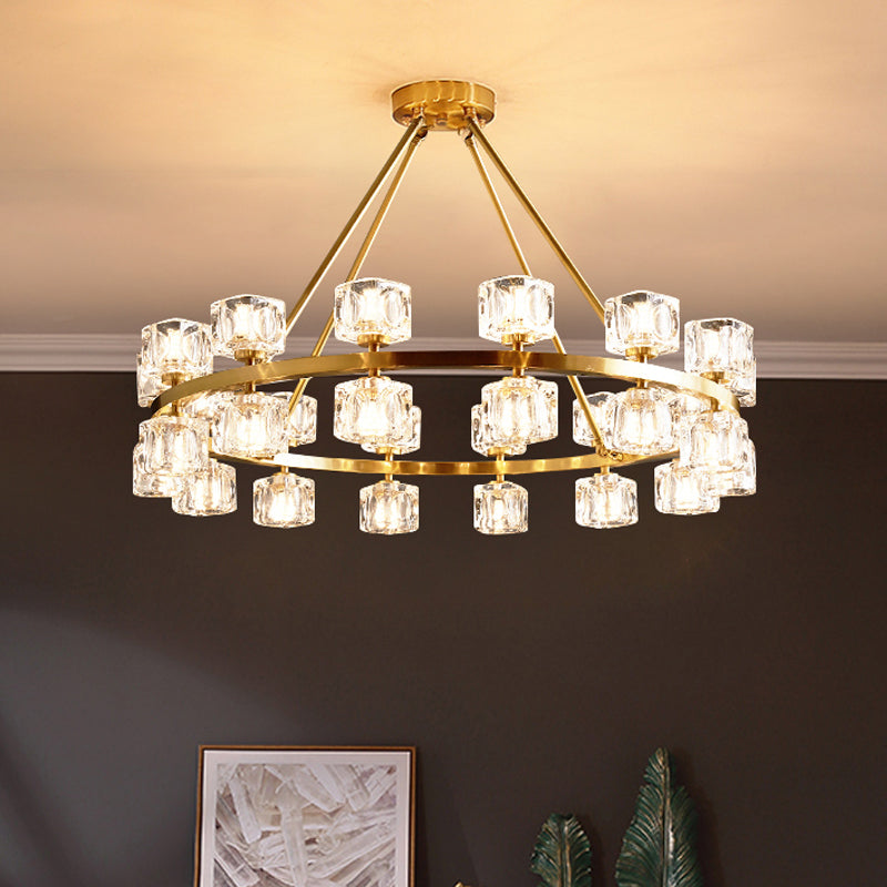 Circle Dining Room Ceiling Pendant Postmodern Crystal Cube 6/12/28 Lights Gold Chandelier Clearhalo 'Ceiling Lights' 'Chandeliers' 'Modern Chandeliers' 'Modern' Lighting' 2017394