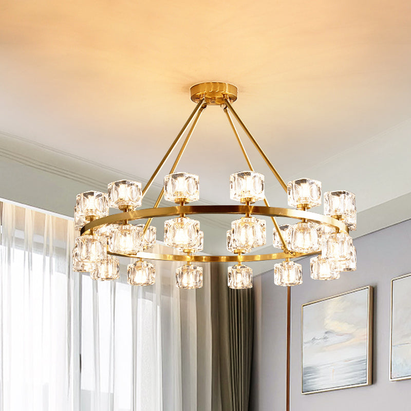Circle Dining Room Ceiling Pendant Postmodern Crystal Cube 6/12/28 Lights Gold Chandelier Clearhalo 'Ceiling Lights' 'Chandeliers' 'Modern Chandeliers' 'Modern' Lighting' 2017395