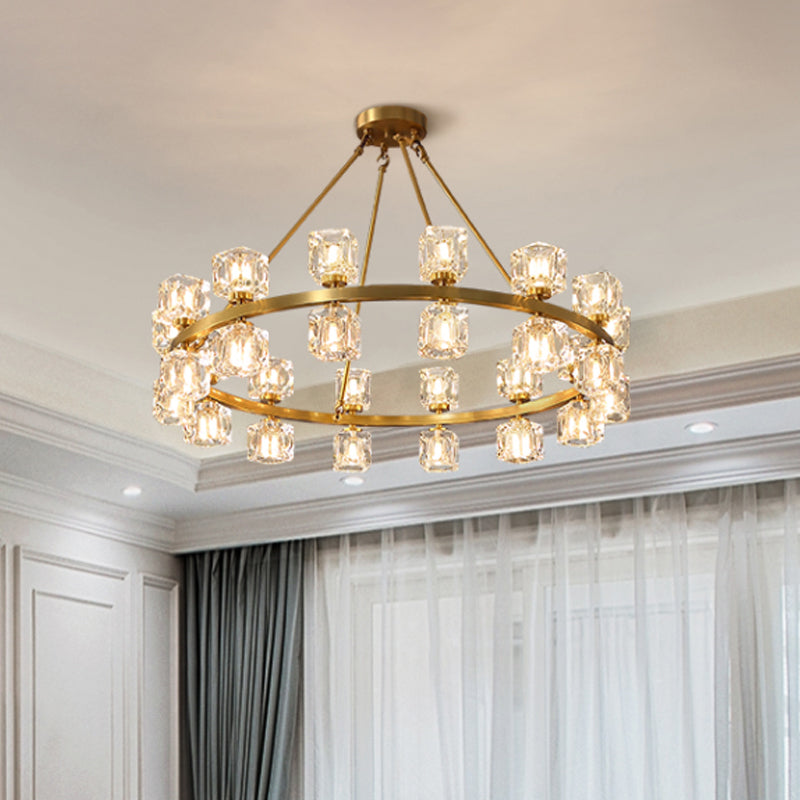 Circle Dining Room Ceiling Pendant Postmodern Crystal Cube 6/12/28 Lights Gold Chandelier Clearhalo 'Ceiling Lights' 'Chandeliers' 'Modern Chandeliers' 'Modern' Lighting' 2017396