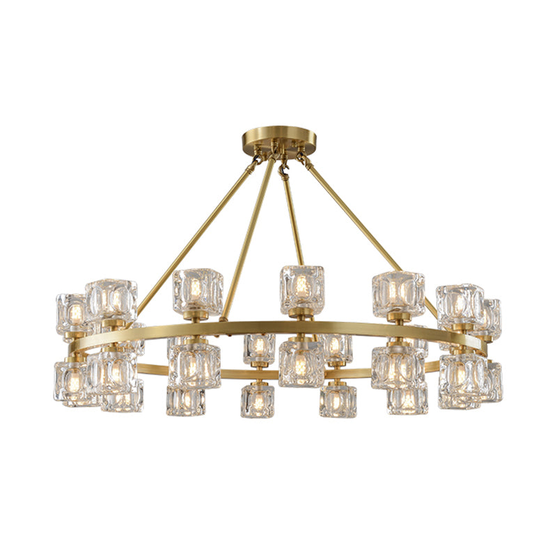 Circle Dining Room Ceiling Pendant Postmodern Crystal Cube 6/12/28 Lights Gold Chandelier 28 Gold Clearhalo 'Ceiling Lights' 'Chandeliers' 'Modern Chandeliers' 'Modern' Lighting' 2017397
