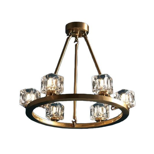 Circle Dining Room Ceiling Pendant Postmodern Crystal Cube 6/12/28 Lights Gold Chandelier Clearhalo 'Ceiling Lights' 'Chandeliers' 'Modern Chandeliers' 'Modern' Lighting' 2017399