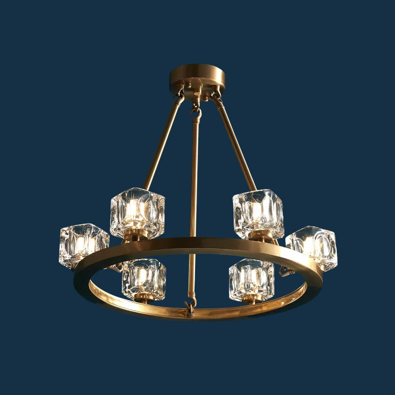 Circle Dining Room Ceiling Pendant Postmodern Crystal Cube 6/12/28 Lights Gold Chandelier 6 Gold Clearhalo 'Ceiling Lights' 'Chandeliers' 'Modern Chandeliers' 'Modern' Lighting' 2017400